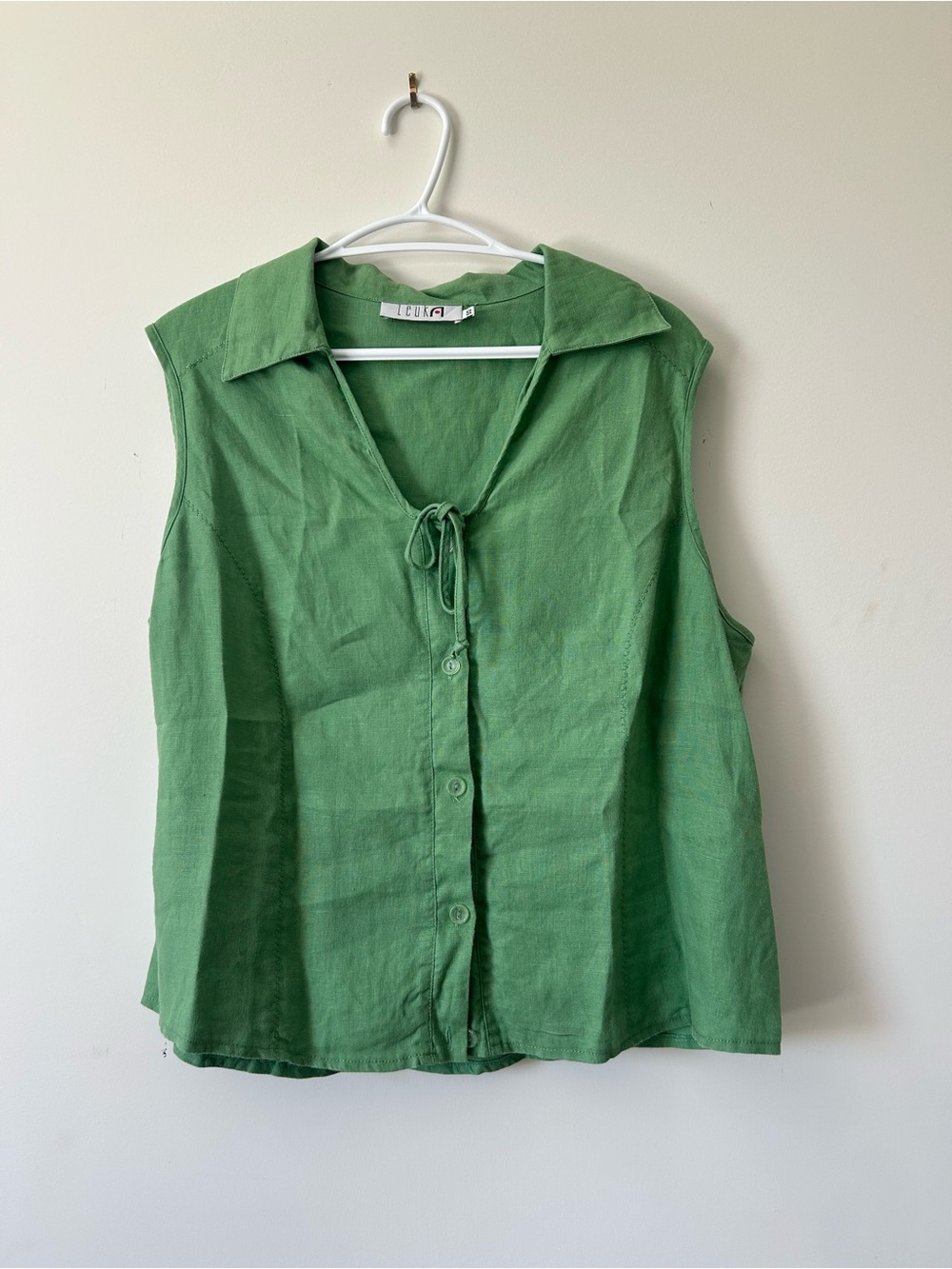 Linen Green Tie Detail Casual Resortwear Summer Top | Large